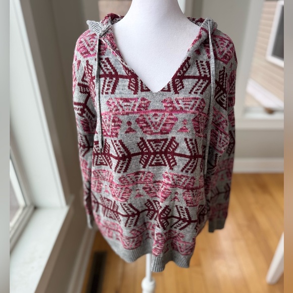 American Eagle Gray Red Pink Patterned Hooded Cotton Western Boho Sweater Small - Picture 1 of 10